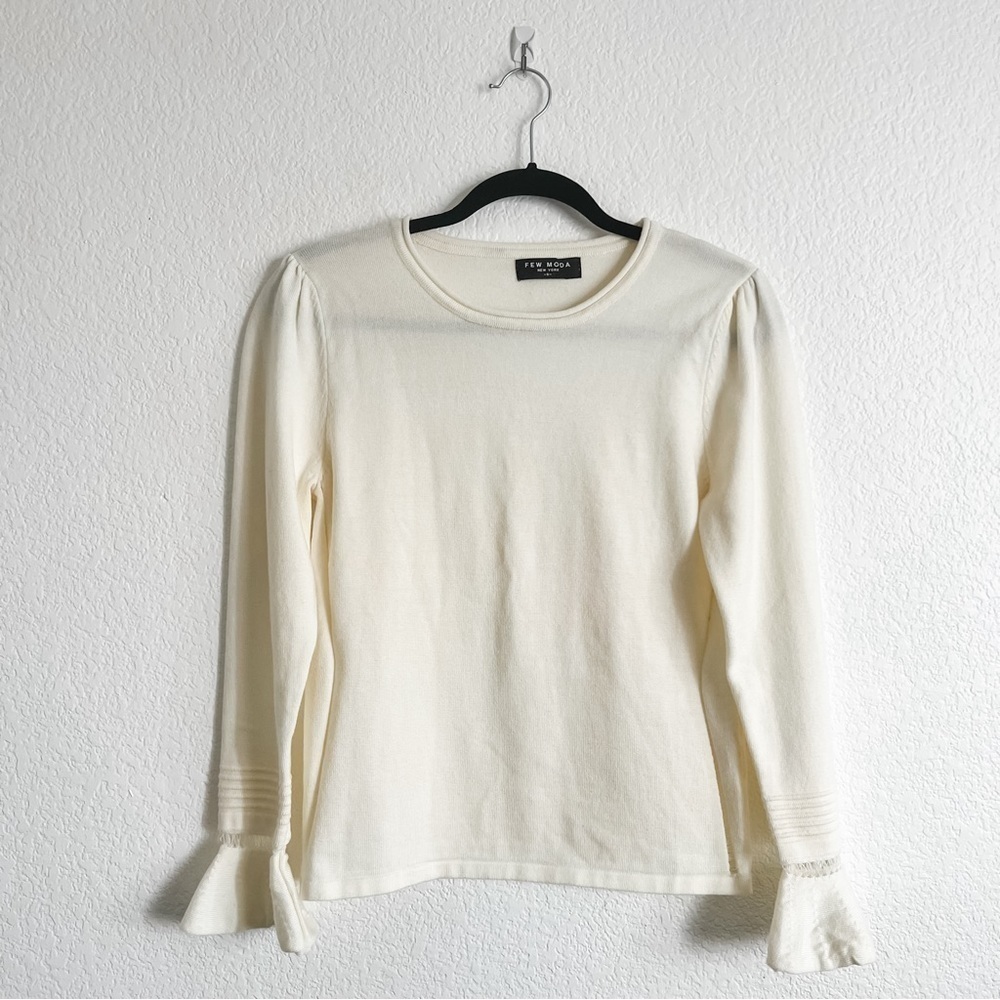 Few Moda Small Ivory Crew Neck Sweater Long Flounce Sleeve